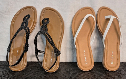 (2) Pairs Of Centro Point Women's Sandals / Filp Flops, (1) Black, Size-9.5, (1) White, Size-9 & (1) Box Of Assorted Amazon Overstock