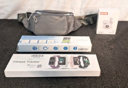 (1) Fittness Tracker Smartwatch, Wine, (1) Pair Of Wireless Earbuds, (1) Waist Pack, Grey & (1) Universal Aluminum Tablet/Laptop Holder