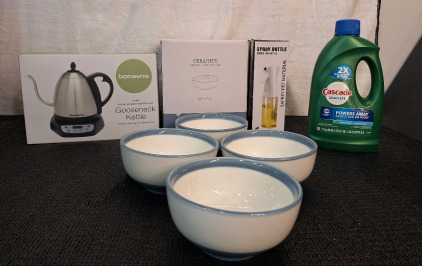 (1) Bonavita - Electric Gooseneck Kettle, (1) 4-Piece Ceramic Bowl Set, (2) Edible Oil Spray Bottles & (1) 60-Oz Bottle Of Cascade Complete Dishwasher Detergent