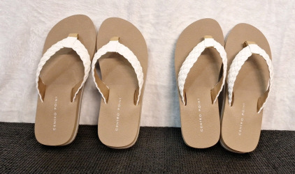 (2) Pairs Of Centro Point Women's Sandals / Filp Flops, Both White, Size-7 & (1) Box Of Assorted Amazon Overstock