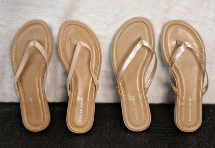 (2) Pairs Of Centro Point Women's Sandals / Filp Flops , (1) Beige, Size-6.5 , (1) Rose Gold, Size-7 & (1) Box Of Assorted Amazon Overstock