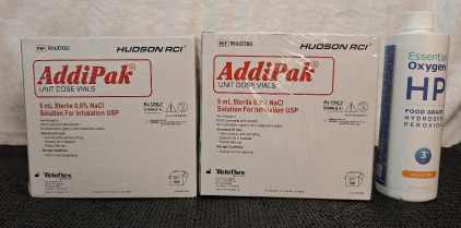 (2) 100-Count Boxes Of 5mL Sterile 0.9% NaCl Solution Vials, Exp 11/28/2025, (1) 16-Oz Bottle Of 3% Food Grade Hydrogen Peroxide & (1) Box Of Assorted Amazon Overstock