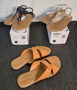 (3) Pairs Of Centro Point Women's Sandals / Filp Flops, All Size-8, (1) Black, (1) Rose Gold, (1) Brown & (1) Box Of Assorted Amazon Overstock