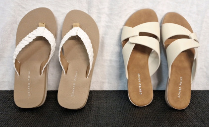 (2) Pairs Of Centro Point Women's Sandals / Filp Flops, (1) White, Size-7, (1) Beige, Size-7.5 & (1) Box Of Assorted Amazon Overstock