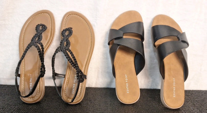 (2) Pairs Of Centro Point Women's Sandals / Filp Flops, Both Black, Size-9.5 & (1) Box Of Assorted Amazon Overstock