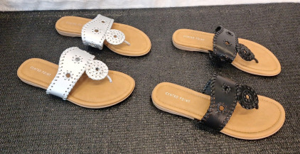 (2) Pairs Of Centro Point Womens Flat Sandals / 1-Strap Flip Flops - (1) Silver, (1) Black, Both Size-8 & (1) Box Of Assorted Amazon Overstock