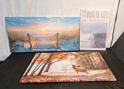 (3) Canvas Wall Art Prints, (1) Beach Sunset, 40"W x 20"T (1) Surfing Themed Panel, 16"W x 24"T & (1) Deer In Autumn Forest, 36"W x 24"T<br/>
