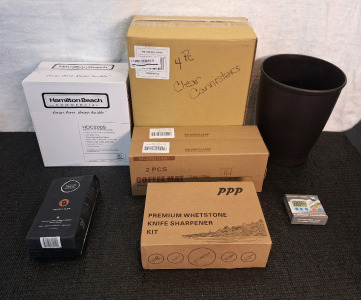 (1) Hamilton Beach Single Serve Coffee Maker, (1) 10-Oz Bag Of Kicking Horse Whole Bean Coffee, Exp Sept 2026, (1) 4-Piece Clear Acrylic Storage Containers, (2) 2-Pack Coffee/Drying Mat Sets, (1) Whetstone & Knife Sharpner Kit, (1) Small Wastebasket & (
