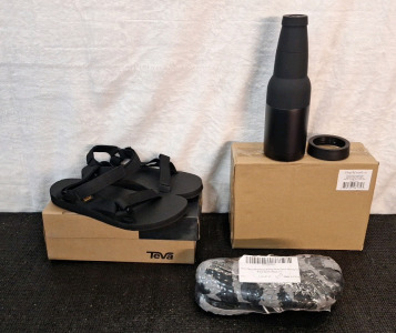 (1) Pair Of Teva Original Sandals, Womens, Black, Size-9, (1) Pair Of Water Shoes, Womens, Black, Size-6 & (1) Set Of (3) Stainless Steel Insulated Beer Can/ Bottle Coolers, Black