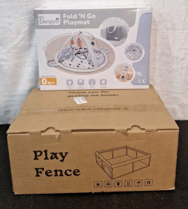 (1) Fshilbila - Large Playpen, 74" x 50", Grey & (1) Lil Pengy Fold & Go Playmat