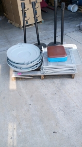 Whole Pallet-(12)Fridge Racks 23x27.5", (12)Food Trays, (6) 55gal Garbage Can Lids and (4) Retractable Barriers