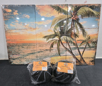 Large 3-Panel Palm Tree Canvas Art & (2) Size 7 Foam Basketballs