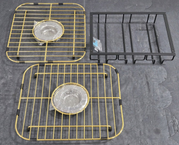 Mounted Wine Glass Holder & Gold Color Sink Protectors w/ Drain Covers