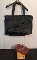 (1) Pair Of Women's Wedge Sandals / Filp Flops, Wine, Size-10 & (1) Large Travel Duffel, Black