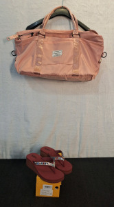 (1) Pair Of Women's Wedge Sandals / Filp Flops, Wine, Size-10 & (1) Large Travel Duffel, Pink