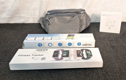 (1) Fittness Tracker Smartwatch, Wine, (1) Pair Of Wireless Earbuds, (1) Waist Pack, Grey & (1) Universal Aluminum Tablet/Laptop Holder