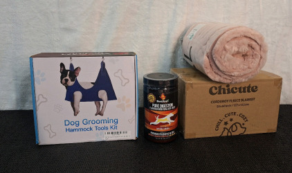 (1) Dog Grooming Hammock & Tools Kit, (1) Bottle Of Best Paw Probiotic Powder & (1) Pet Blanket, Pink, Large