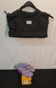 (1) Pair Of Women's Wedge Sandals / Filp Flops, LightPurple, Size-9 & (1) Large Travel Duffel, Black