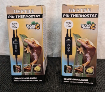 (2) LUCKY HERP Reptile Dimming Thermostats, PID Heat Lamp Temperature Controller W/ LED Digital Screen, Terrarium Thermostat For Reptile Heat Lamp Heat Mat & Heaters, Support ℉/℃, Memory Function & (1) Box Of Assorted Amazon Overstock