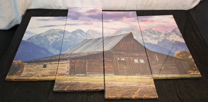 (1) 4-Panel - Grand Tetons W/Rustic Old Barn - Canvas Wall Art Print 48"L x 34"T
