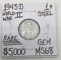 1943-D MS68 Rare WW2 Steel Wheat Penny