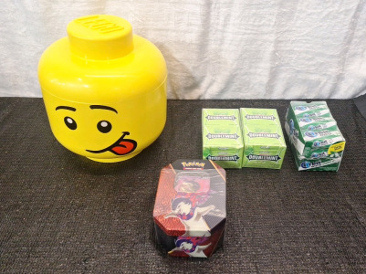 (1) LEGO Silly Male Head - Stackable Storage Container - Large 10" x 9.25" & (2) 10/Fifteen Stick Packs Of Wrigley's DoubbleMint Gum, (1) Pack Of 9/Fifteen Piece Bottles Of Orbit White Spearmint Gum & (1) Pok&eacute;mon Cards Tin, Sealed W/Cards