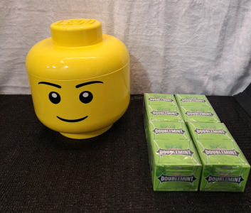 (1) LEGO Male Head - Stackable Storage Container - Large 10" x 9.25" & (4) 10/Fifteen Stick Packs Of Wrigley's DoubbleMint Gum