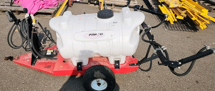 FINCO INDUSTRIES 40GAL SPRAY TANK AND TRAILER WITH ELECTRIC PUMP AND PRESSURE SPRAYER AND EXTENDED BACK BOOM.