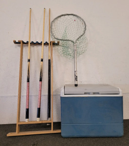 Pool Ques And Pool Que Holder, Fishing Net, Coleman Electric Car Heater And Cooler Model 5640