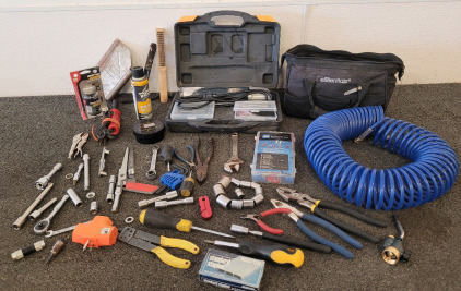 Chicago Electric Power Tools; Variable Speed Oscillating Multifunction Power Tool, Blue Air Hose, And Other Tools