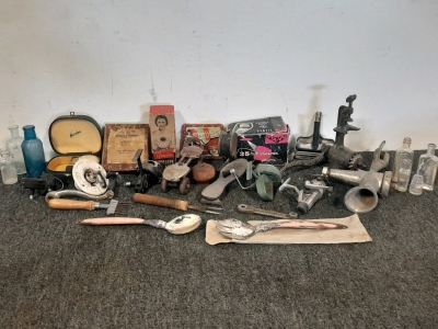 Variety Of Antique Items; Signaling Mirrors, The Genuine Ice Bag, Opta-vue 35mm Viewer, Norelco Electric Razor, Tools, Fishing Equipment & More
