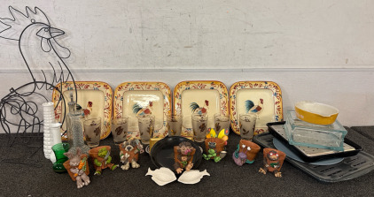 Rooster Dishes, Rooster Sign, 7 Leaf Glasses, Glass. Vases, Sitter Critter Flower Pots, and a Variety of Dishes and Pans.