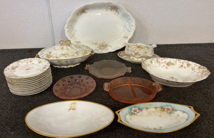 Haviland & Co Gravy Boat with Attached Dish, Serving Platter, Serving Dishes, One with Lid, &ldquo;Princess Plates&rdquo;, Bavarian Bone China Oblong Vegetable Serving Platter, Pink Depression Dishes.