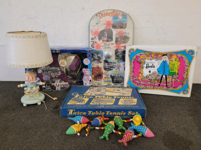 Vintage Humpty Dumpy Lamp, Vintage Disney Tabletop Pinball Game, Barbie Double Doll Case, Hannah Montana Dress Up, Tatco Table Tennis