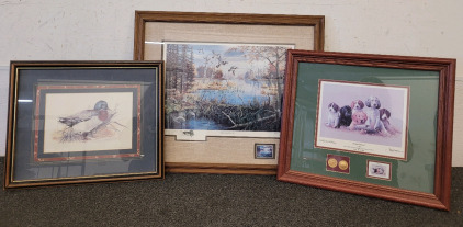 "School Daze" Painting by Jim Killen With Waterfowl Usa Coins And Collectors Edition Stamp, Joel Kirk Painting, And "Leaving Home"By Ken Zylla With Collectors Stamp