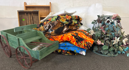 Amish Country Wagon, Bird Cage, Different Patterns of Fleece, Polyester Batting, Decorative Boxes, Pellon Fusible Fabric.
