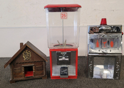 Gummball Quarter Machine, Godinger "Lucky Jackpot" Beverage Dispenser,Vintage Wooden Cabin Decanter Hidden Bar