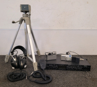 Pioneer SE-405 Stereo Headphones, Cobra CA-73 Handheld Microphone, AudioSource Model EQ Eight Series II Graphic Equalizer and Spectrum Analyzer, Tripod, And Cameras