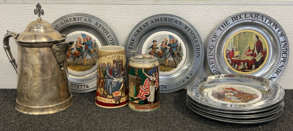 Vintage Collectors &ldquo;The Great American Revolution&rdquo; Plates, Miller America Cups, Victorian-era silver-plated water pitcher