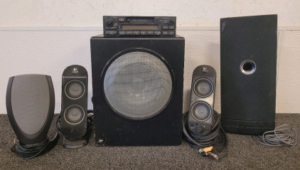 Logitech X530 Speaker System with Subwoofer, Harman Kardon HK206 Left And Right Computer Speaker, High Fidelity Speaker System, And Toyota AM/FM Radio Cassette Player