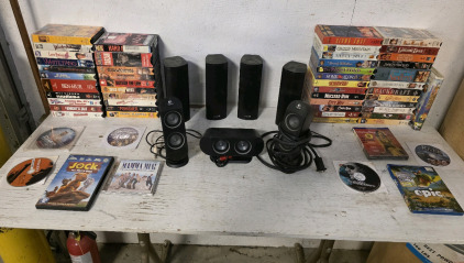 (4) Olin Ross Surround Sound Speakers, (3) Logitech Computer Speakers, Multiple DVD and VHS Movies