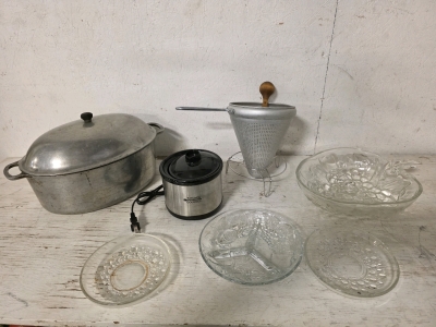 Vintage Cast Aluminum Roasting Pot, Juice Press, Mini Crock Pot and Glass Serving Dishes