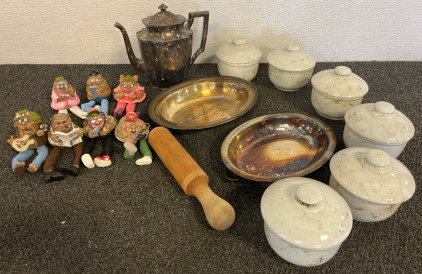 Vintage Spud People, Vintage Crock Sugar Bowls With Lids, Vintage Metal Teapot & Trays