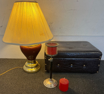 Home Decor Including Animal Skin Trunk, Red & Gold Lamp & Candle Holder