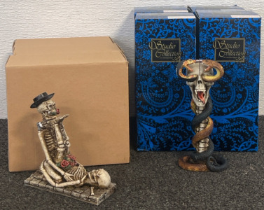 (3) Skeleton Statues W/ Hidden Daggers & (4) Skull & Snake Candle Holders