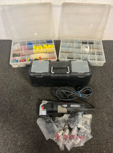 Toolboxes With Various Screws & Fasteners & Electrical Wire Connectors, & Rockwell Sonicrafter F50 Oscillating Multi-Tool