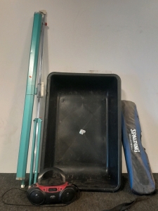 Blackweb Radio, Large Tub, Spalding Volleyball Net & Vintage Portable Projector Screen