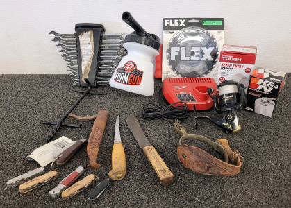 SAE Wrenches, Milwaukee Battery Charger, Foam Gun, Shakespeare Fishing Reel, Pocket Knives, And More