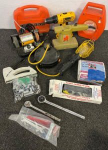 Tools Including Multipurpose Bench Grinder, Finishing Sander, DeWalt Drill, Cord Caddy & Cord Caddy With Light, Ratchets With Sockets, Lug Nuts Etc.