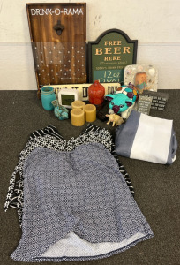 (3) Women&rsquo;s Swimsuit Tops, Shower Curtain, Wall & Shelf Decor Etc.